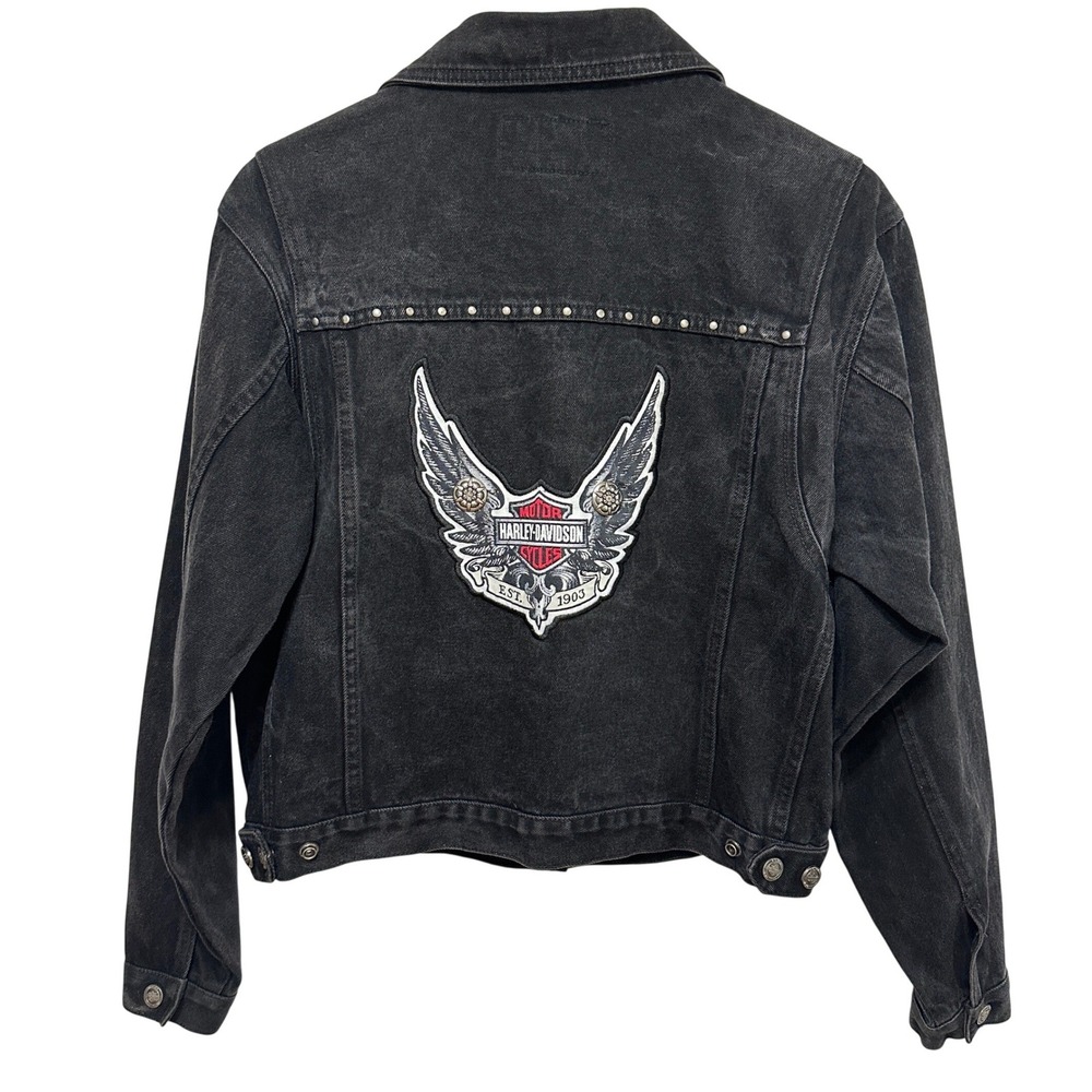 Harley-Davidson Denim Jacket Womens Large Black Studded Winged Patch Biker Moto